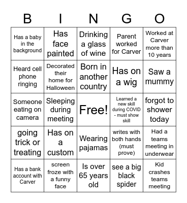Carver Virtual Halloween Bingo Card
