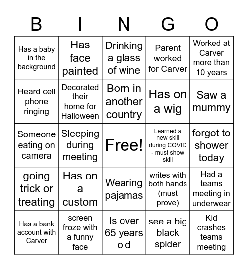 Carver Virtual Halloween Bingo Card