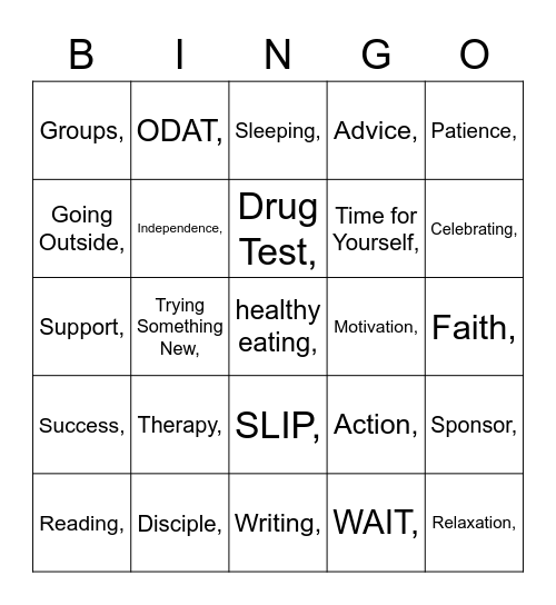 CVRC Recovery Bingo Card