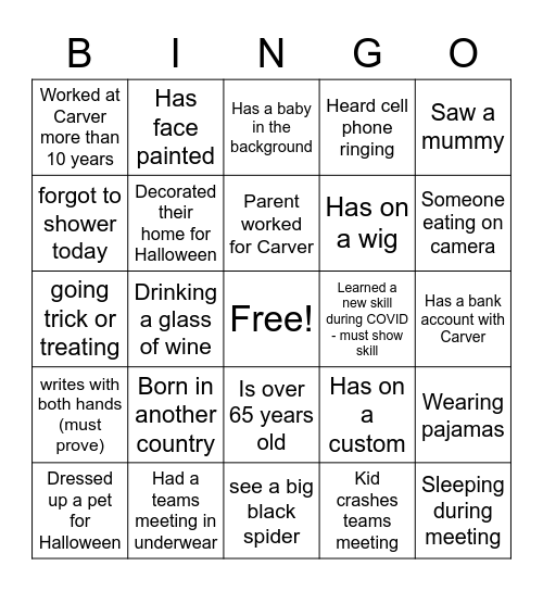 Carver Virtual Halloween Bingo Card