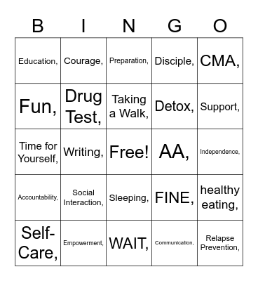 CVRC Recovery Bingo Card
