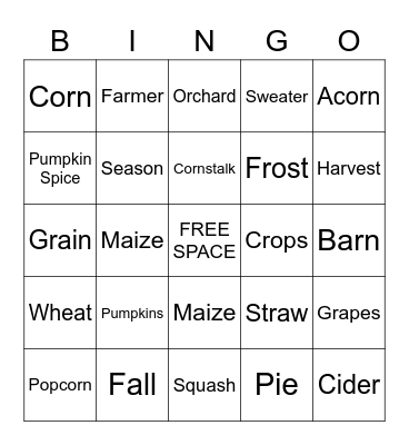 Harvest Bingo Card