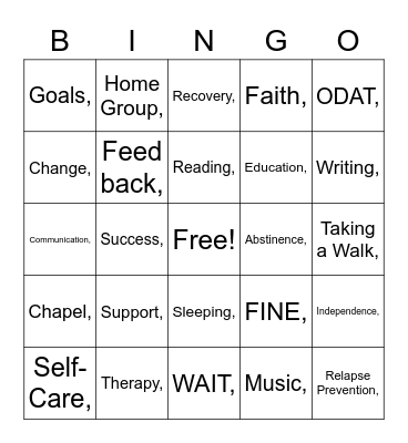 CVRC Recovery Bingo Card