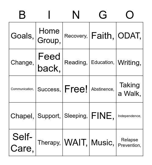 CVRC Recovery Bingo Card