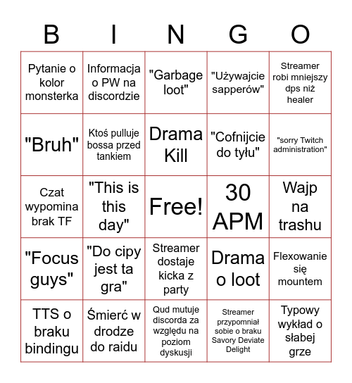 Stream Raid Bingo Card