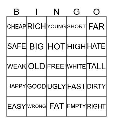 OPPOSITE ADJECTIVES Bingo Card