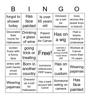 Carver Virtual Halloween Bingo Card