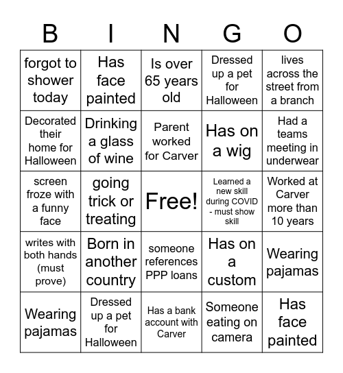 Carver Virtual Halloween Bingo Card