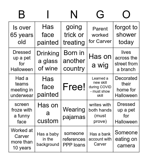 Carver Virtual Halloween Bingo Card