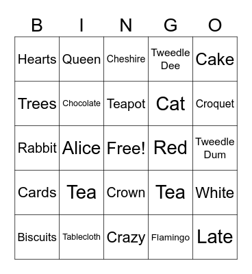 Mad Hatters Tea Party Bingo Card