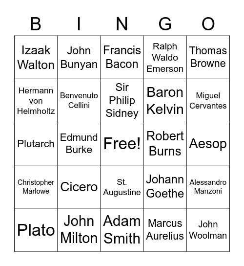 Harvard Classics Bingo Card