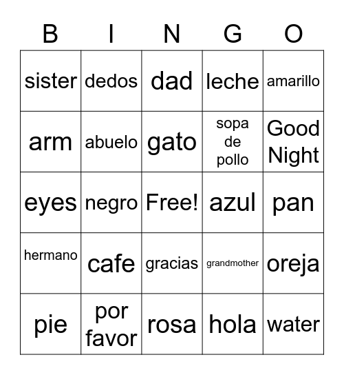 Spanish words Bingo Card