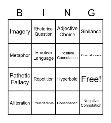 Language Techniques Bingo Card