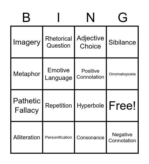 Language Techniques Bingo Card
