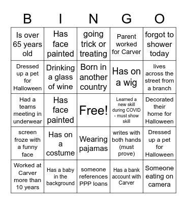 Carver Virtual Halloween Bingo Card