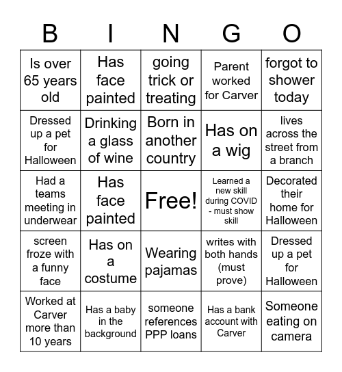 Carver Virtual Halloween Bingo Card