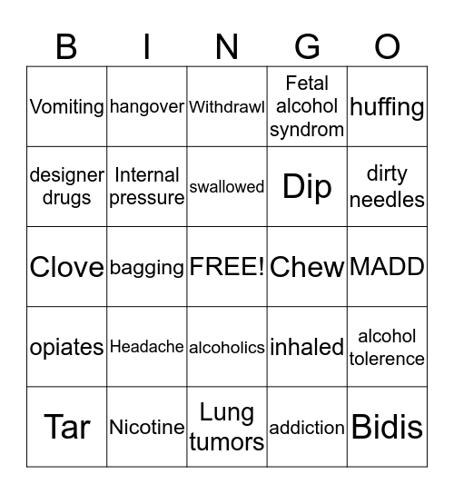 Drugs, Tobacco, Alcohol Bingo Card