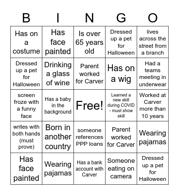 Carver Virtual Halloween Bingo Card