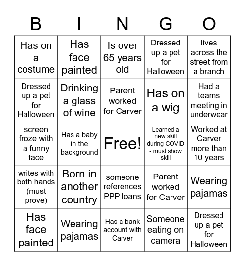 Carver Virtual Halloween Bingo Card