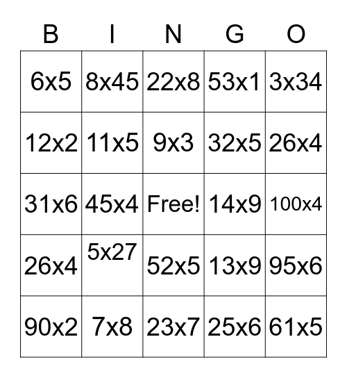 Multiplication Bingo Card