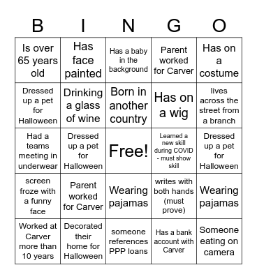 Carver Virtual Halloween Bingo Card