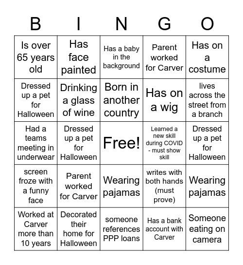 Carver Virtual Halloween Bingo Card