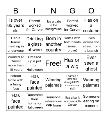 Carver Virtual Halloween Bingo Card