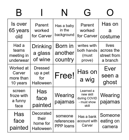 Carver Virtual Halloween Bingo Card