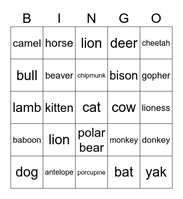 Animals Bingo Card