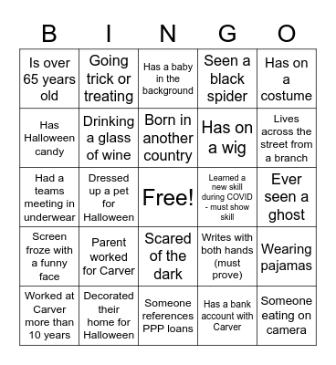 Carver Virtual Halloween Bingo Card