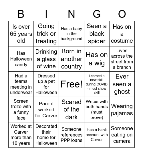 Carver Virtual Halloween Bingo Card
