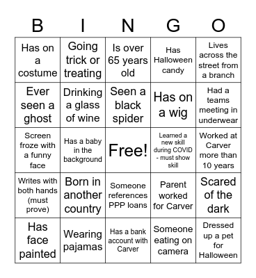 Carver Virtual Halloween Bingo Card