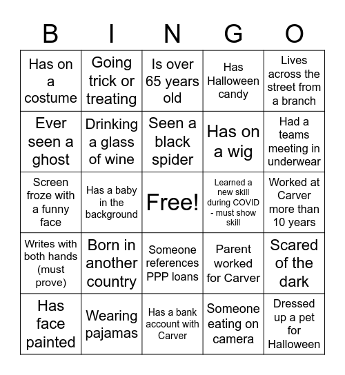 Carver Virtual Halloween Bingo Card
