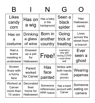 Carver Virtual Halloween Bingo Card