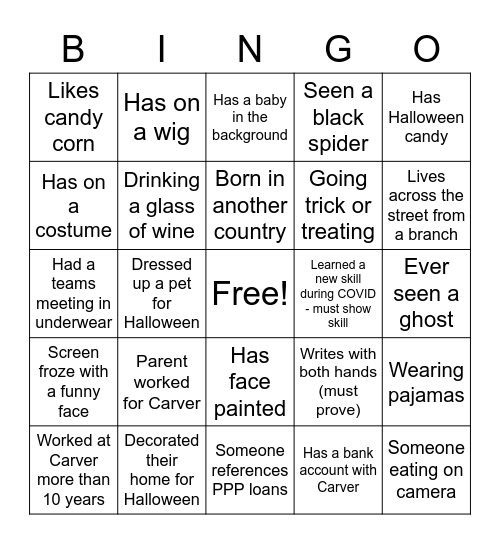 Carver Virtual Halloween Bingo Card