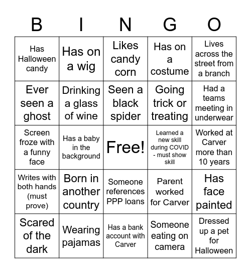 Carver Virtual Halloween Bingo Card
