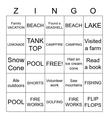 Vacation Bingo Card