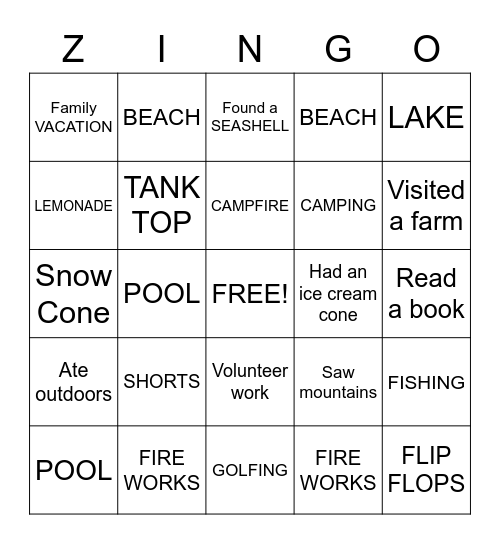 Vacation Bingo Card