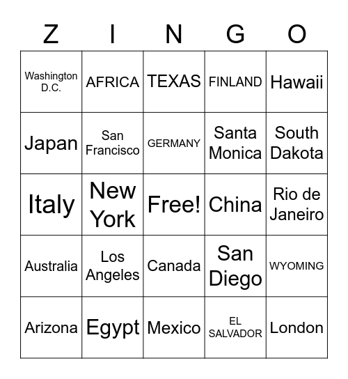 Vacations Bingo #1 Bingo Card