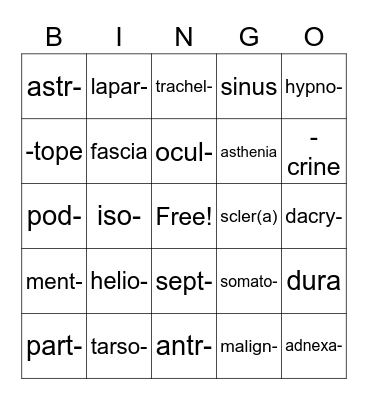 Lesson 7 Medical Terms Bingo Card