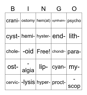 Lesson 2 Medical Terms Bingo Card