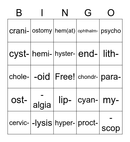 Lesson 2 Medical Terms Bingo Card