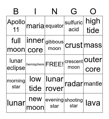 Astronomy Bingo Card