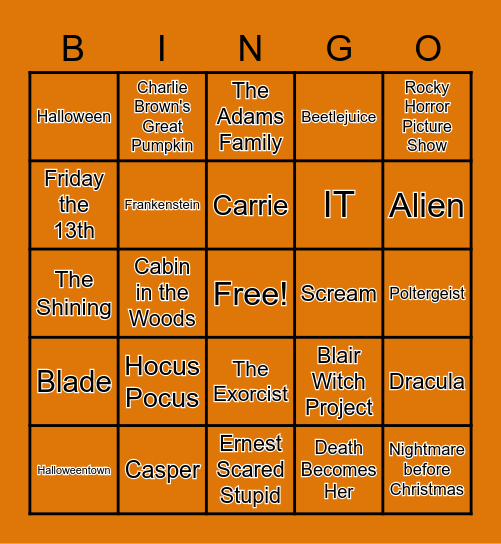 Halloween Movie bingo Card