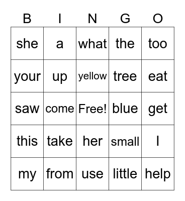 Sight Words Bingo Card