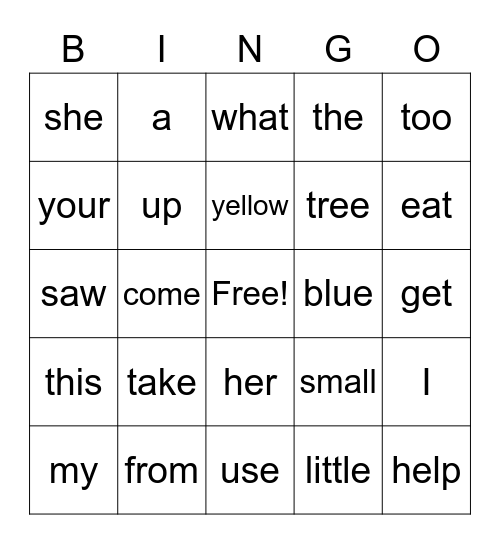 Sight Words Bingo Card