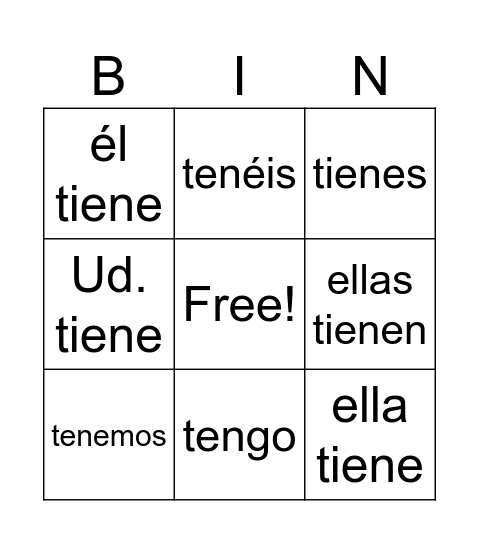 Presente del verbo TENER Bingo Card