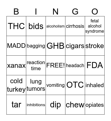 Drug Bingo Card