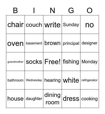 ASL 1 Vocabulary Bingo Card