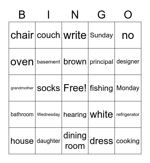 ASL 1 Vocabulary Bingo Card